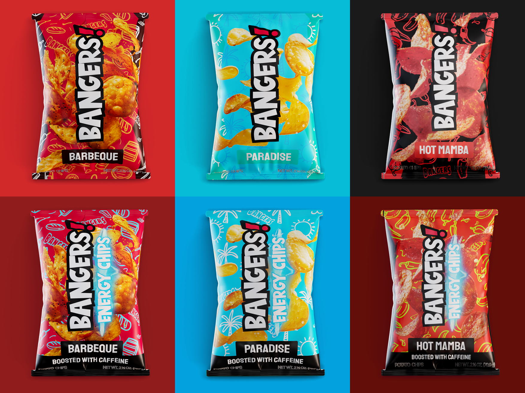 Bangers Energy Chips Caffeinated Potato Chips 6 Pack Variety 2.5 Ounce Snacks for Energy Boost and Sharing