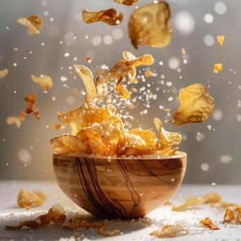 Seasoned potato chips falling into a wooden bowl